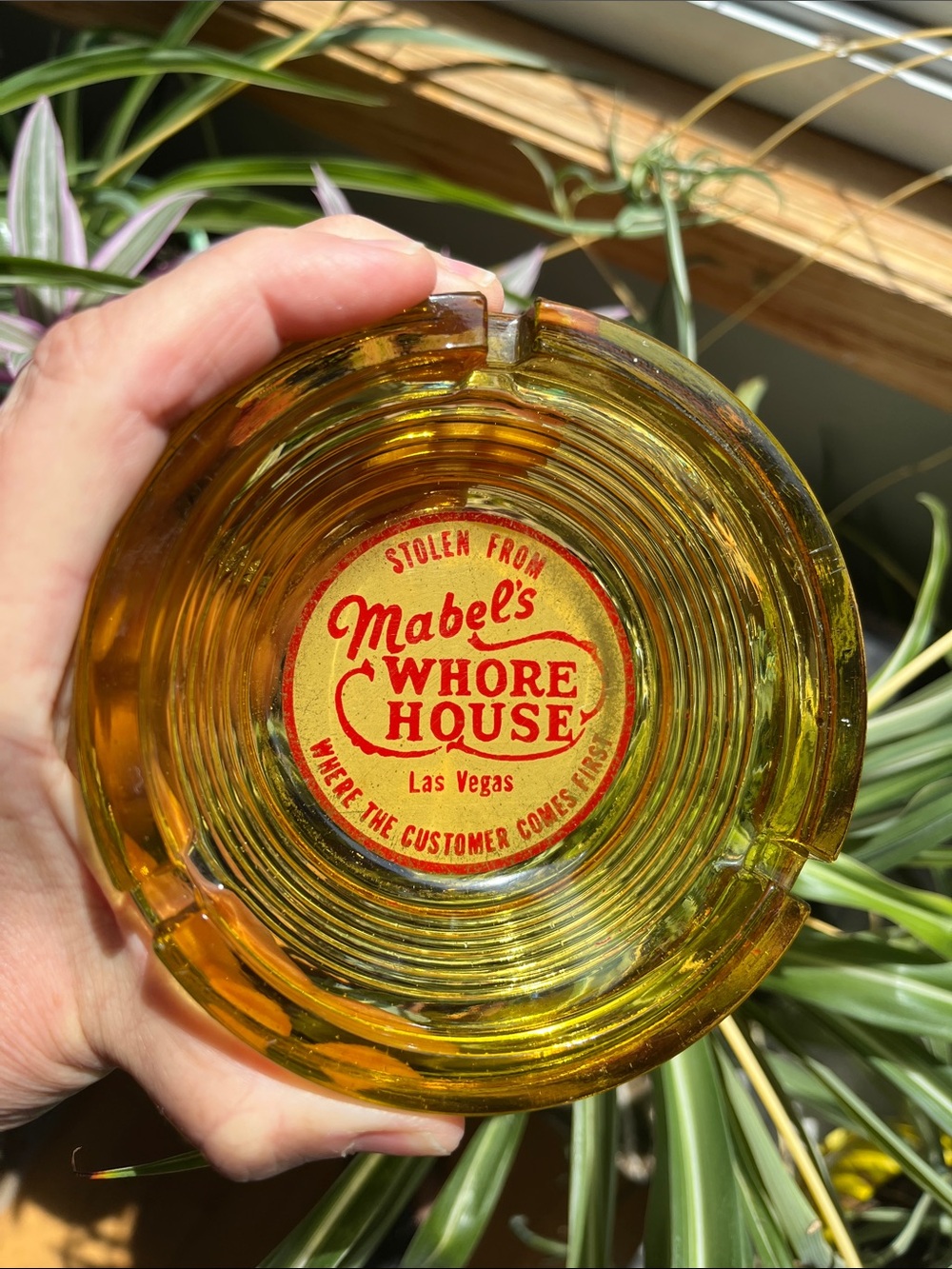 Vtg Amber "Stolen from Mabel's W____ House" Las Vegas NV Glass Ashtray MCM *READ